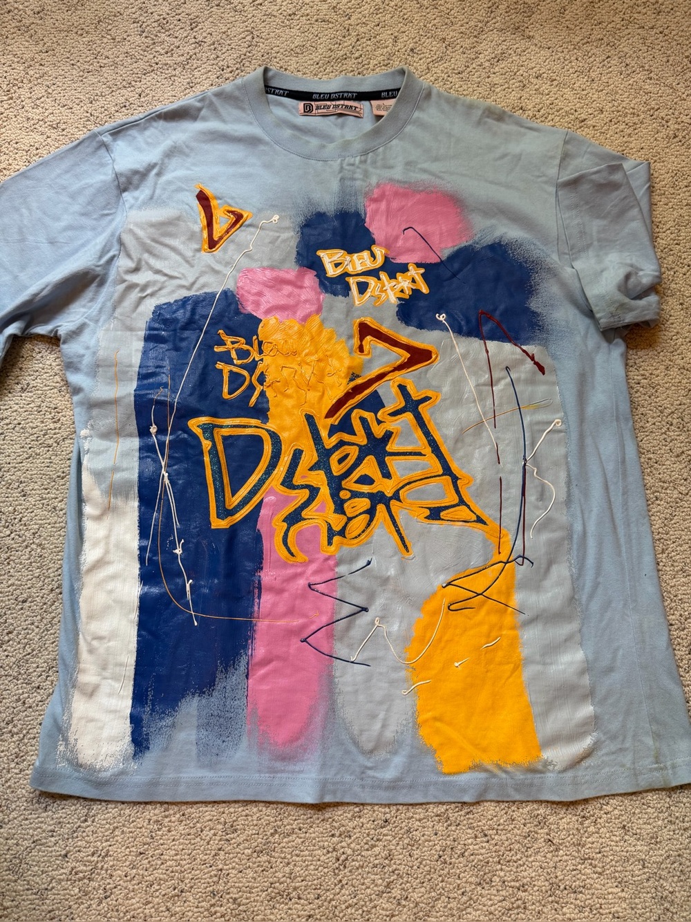 Vtg Bleu Dstrkt Graphic Light Blue Tee with  Original Raised Graffiti Sz L